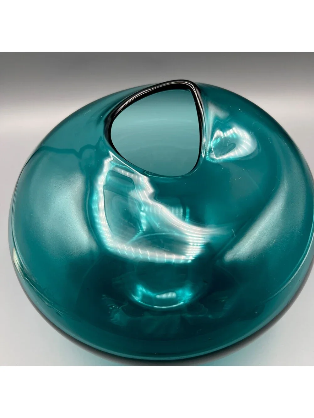 Studio Art Glass Hand Blown Teal Vase Collapsed Pinched Rim Polished Pontil
